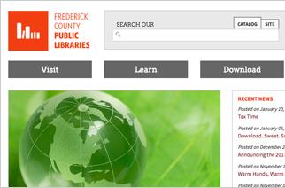 Homepage screen shot of Frederick County Public Library's website, full screen.