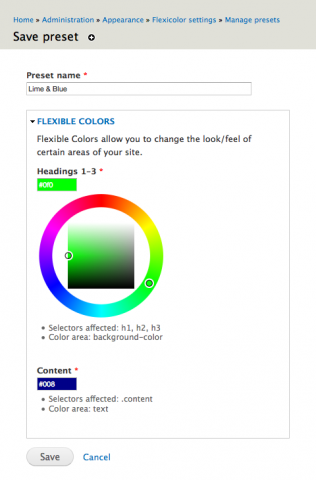 Screenshot of Flexible Colors Save Preset Administrative Form