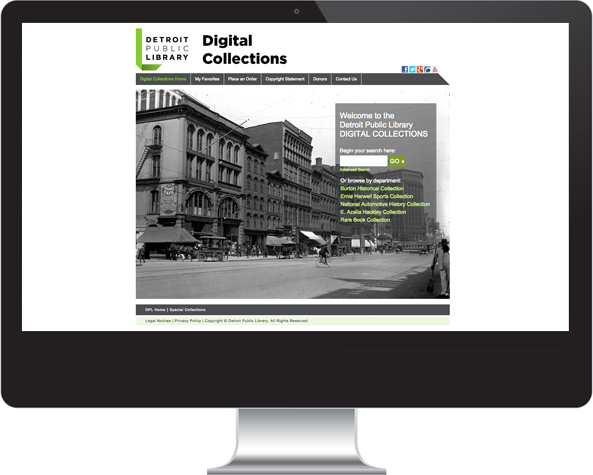 Homepage of Detroit Public LibraryDAMS website with historic buildings.