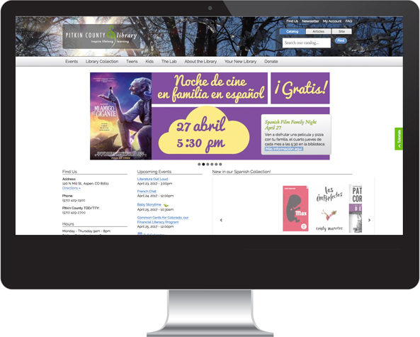 Screen shot of Pitkin Library homepage as show on a iMac.