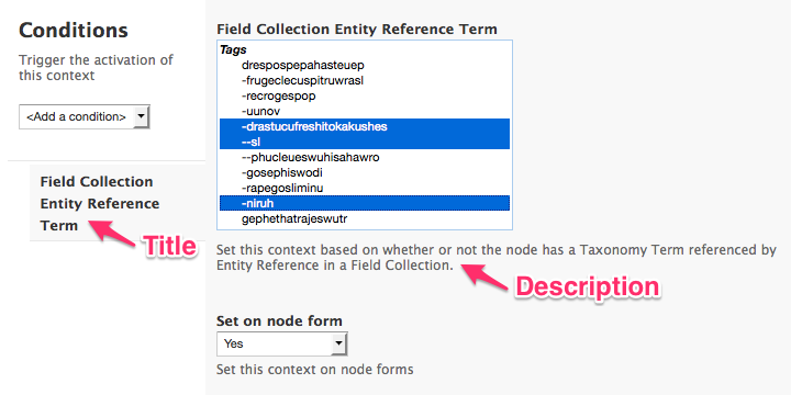 Screen shot: The title text displays in the select list or vertical tabs for Context conditions and the description text displays when the vertical tab for the selected context is active.