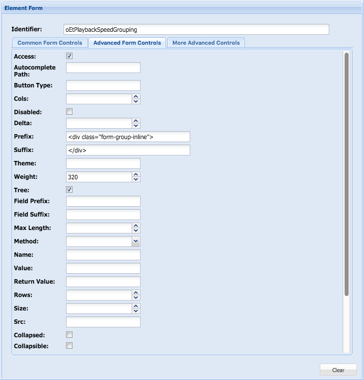 Screen capture of the Islandora Advanced Form Controls pane with the Prefix and Suffix fields filled in